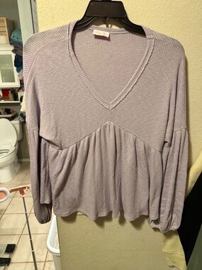 Pink Lily Lavender V-Neck Ribbed Peasant Top